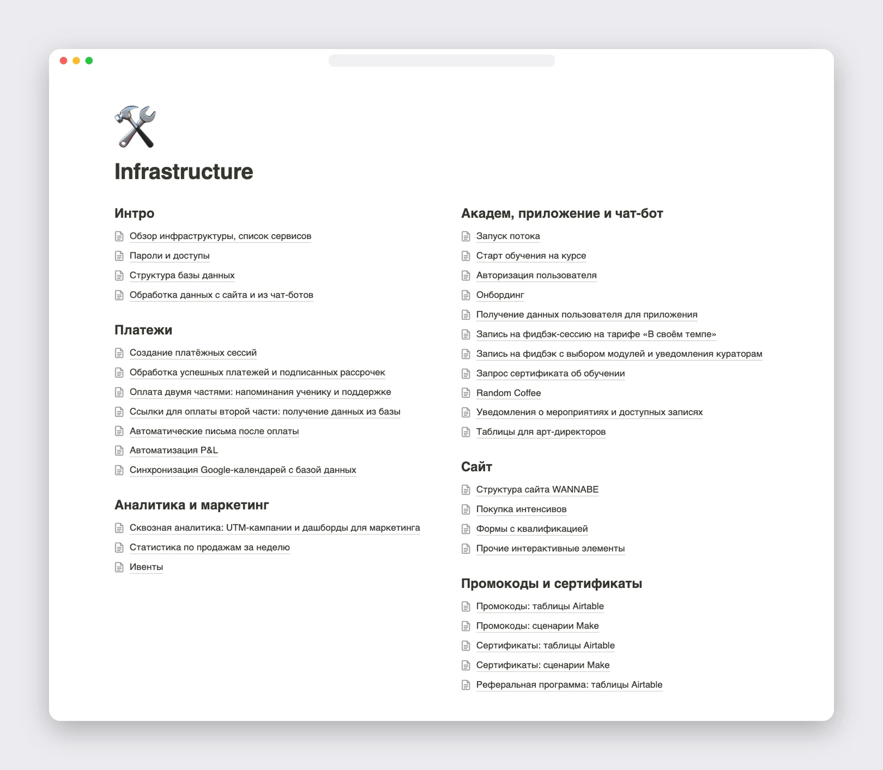 Оглавление документации по инфраструктуре